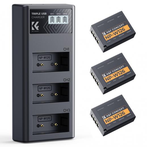 3-Pack NP-W126 Batteries & 3-Slot Charger for Fujifilm X100VI