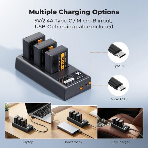 3-Pack NP-W126 Batteries & 3-Slot Charger for Fujifilm X100VI